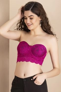 Padded Underwired Full Cup Strapless Bralette In Dark Pink With Detachable Straps - Lace