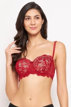 Padded Underwired Full Cup Strapless Balconette Bra In Maroon - Lace
