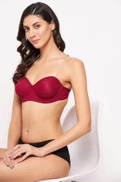 Invisi Padded Underwired Full Cup Strapless Balconette Bra In Maroon With Transparent Straps & Band