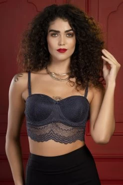 Padded Underwired Full Cup Strapless Longline Bralette In Dark Grey With Detachable Straps - Lace