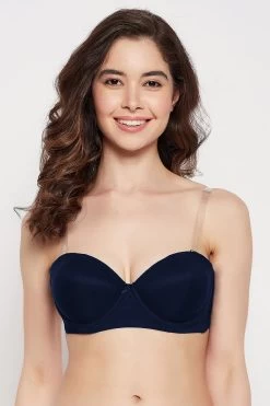 Invisi Padded Underwired Full Cup Strapless Balconette Bra In Navy With Transparent Straps & Band