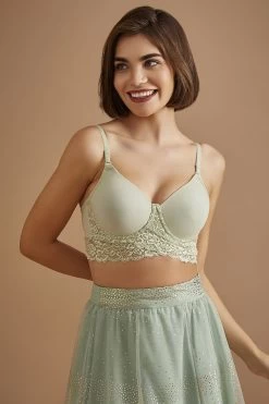 Padded Underwired Longline Bralette In Sage Green - Lace