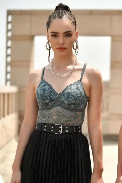 Padded Underwired Full Cup Longline Bridal Bralette In Olive Green - Lace