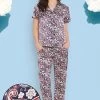 Paisley Print Button Down Shirt & Pyjama Set In Navy - Satin