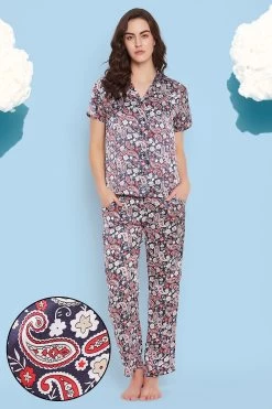Paisley Print Button Down Shirt & Pyjama Set In Navy - Satin