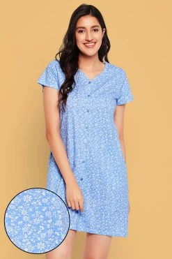 Pretty Florals Button Down Night Dress In Baby Blue - 100% Cotton