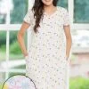 Pretty Florals Button Down Night Dress In White - 100% Cotton