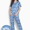 Pretty Florals Button Down Shirt & Pyjama In Powder Blue - Satin