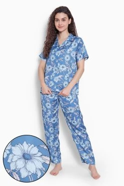 Pretty Florals Button Down Shirt & Pyjama In Powder Blue - Satin