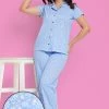 Pretty Florals Button Down Shirt & Pyjama Set In Baby Blue - 100% Cotton