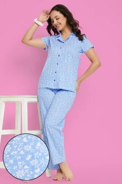 Pretty Florals Button Down Shirt & Pyjama Set In Baby Blue - 100% Cotton