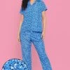 Pretty Florals Button Down Shirt & Pyjama Set In Blue - Rayon