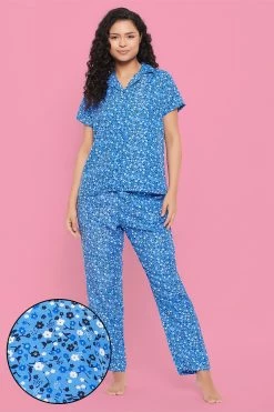 Pretty Florals Button Down Shirt & Pyjama Set In Blue - Rayon