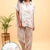Pretty Florals Button Down Shirt & Pyjama Set In Light Grey - Satin