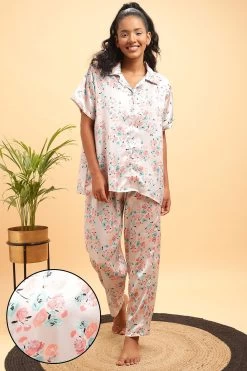 Pretty Florals Button Down Shirt & Pyjama Set In Light Grey - Satin