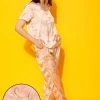 Pretty Florals Button Down Shirt & Pyjama Set In Peach Colour - Satin