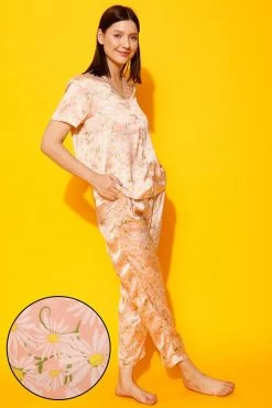 Pretty Florals Button Down Shirt & Pyjama Set In Peach Colour - Satin