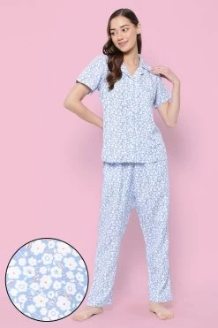 Pretty Florals Button Down Shirt & Pyjama Set In Sky Blue - Rayon