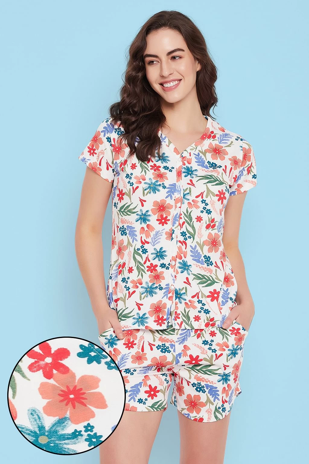Pretty Florals Button Down Shirt & Shorts Set In White - 100% Cotton