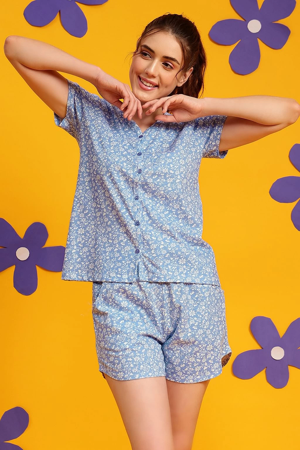 Pretty Florals Button Down Top & Shorts Set In Baby Blue - 100% Cotton