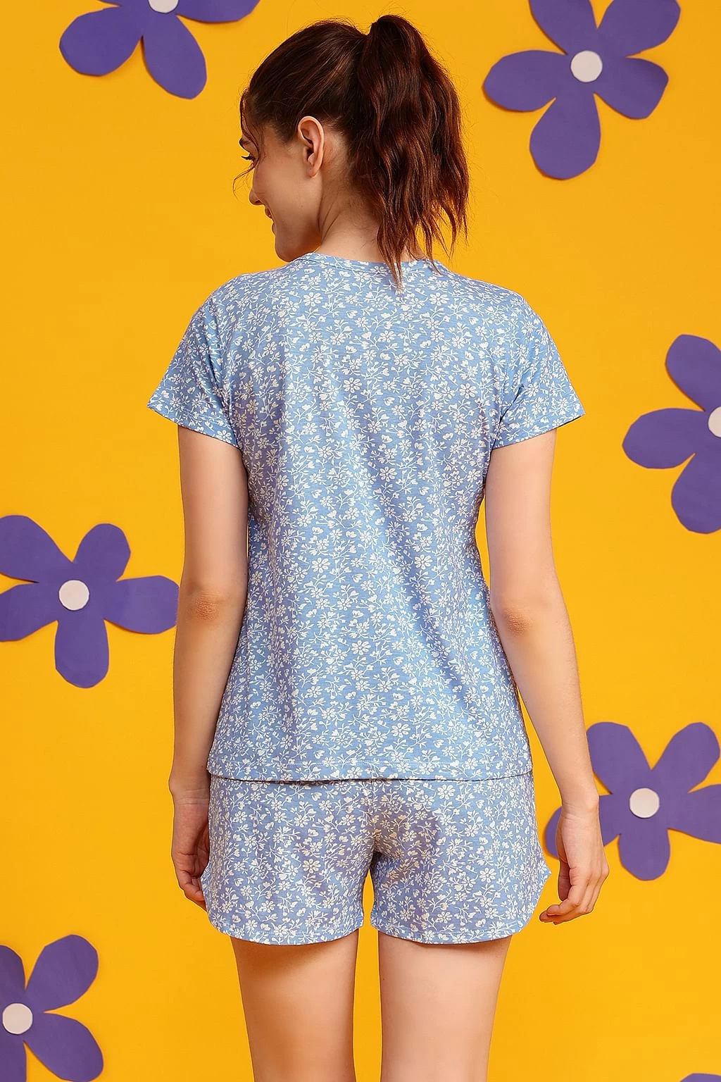 Pretty Florals Button Down Top & Shorts Set In Baby Blue - 100% Cotton - Image 3