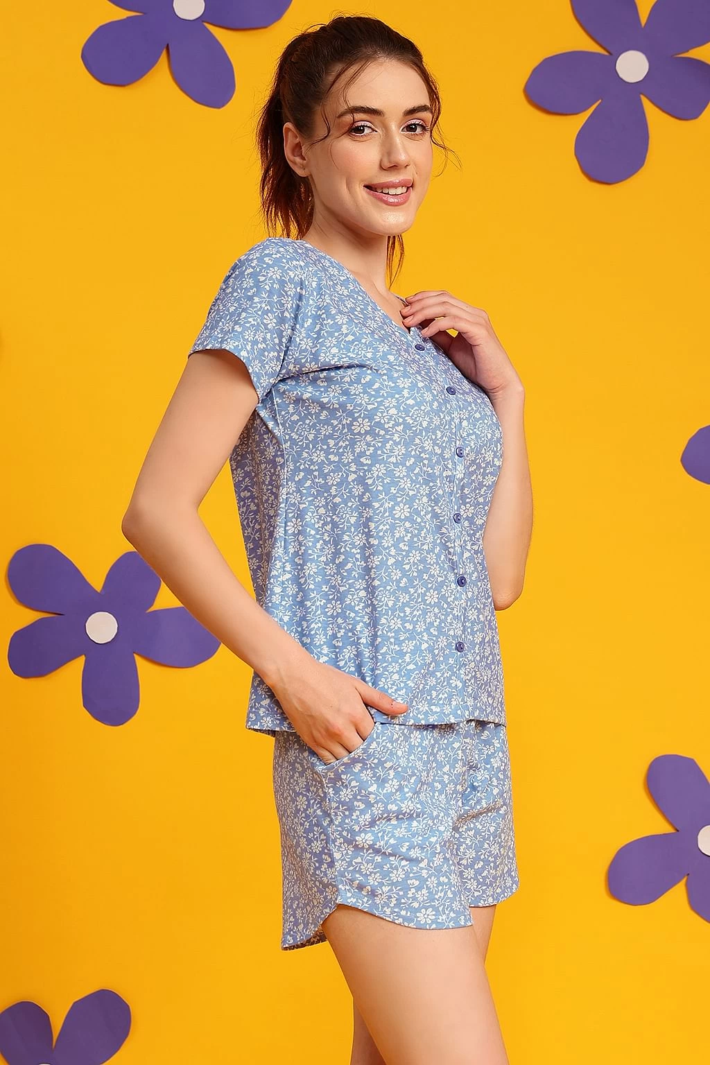 Pretty Florals Button Down Top & Shorts Set In Baby Blue - 100% Cotton - Image 2