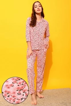 Pretty Florals Button Down Shirt & Pyjama In Baby Pink - 100% Cotton