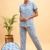 Pretty Florals Button Down Shirt & Pyjama Set In Cornflower Blue - 100% Cotton