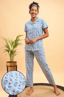 Pretty Florals Button Down Shirt & Pyjama Set In Cornflower Blue - 100% Cotton