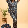 Pretty Florals Button Down Shirt & Pyjama Set In Dark Blue - Satin