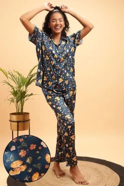 Pretty Florals Button Down Shirt & Pyjama Set In Dark Blue - Satin