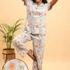 Pretty Florals Button Down Shirt & Pyjama Set In Grey - 100% Cotton