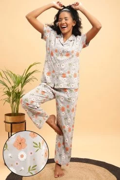 Pretty Florals Button Down Shirt & Pyjama Set In Grey - 100% Cotton