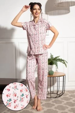 Pretty Florals Button Down Shirt & Pyjama Set In Soft Pink - 100% Cotton