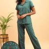 Pretty Florals Button Down Shirt & Pyjama Set In Teal Blue - 100% Cotton