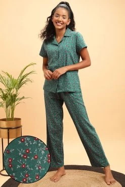 Pretty Florals Button Down Shirt & Pyjama Set In Teal Blue - 100% Cotton