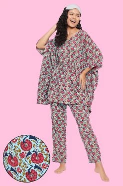 Pretty Florals Kaftan Top & Pyjama Set In Sky Blue - Rayon