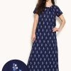 Pretty Florals Long Night Dress In Navy - Rayon
