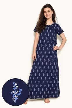 Pretty Florals Long Night Dress In Navy - Rayon
