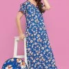 Pretty Florals Long Night Dress In Royal Blue - Rayon
