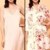 Chic Basic Night Dress & Pretty Florals Robe In Nude Colour - Satin