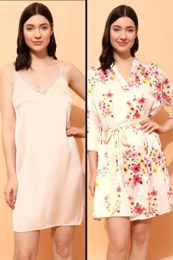 Chic Basic Night Dress & Pretty Florals Robe In Nude Colour - Satin