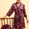 Pretty Florals Robe In Plum Colour - Satin