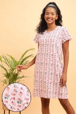 Pretty Florals Short Night Dress In Baby Pink - 100% Cotton