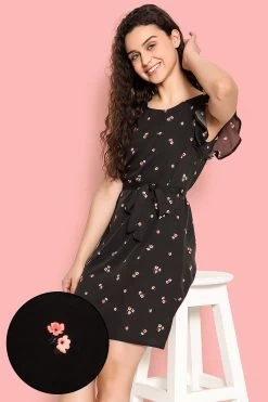 Pretty Florals Short Night Dress In Black - Crepe