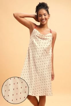 Pretty Florals Short Night Dress In Champagne Colour - Satin