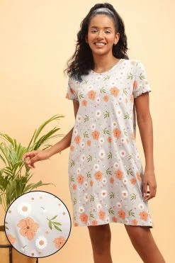 Pretty Florals Short Night Dress In Grey - 100% Cotton