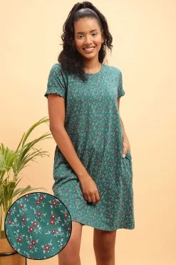 Pretty Florals Short Night Dress In Teal Blue - 100% Cotton