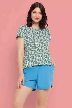 Pretty Florals Top In White & Chic Basic Shorts In Sky Blue - 100% Cotton