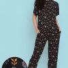 Pretty Florals Button Down Shirt & Pyjama Set In Black - Rayon